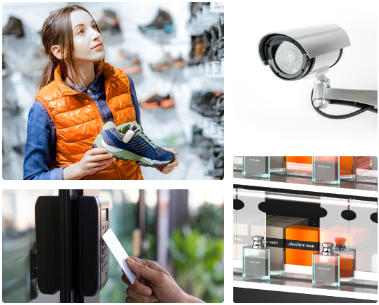 image grid of rfid tag, cctv camera, access control pad, and shelf security