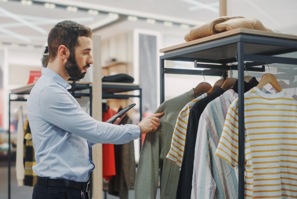 man shopping through shirt rack