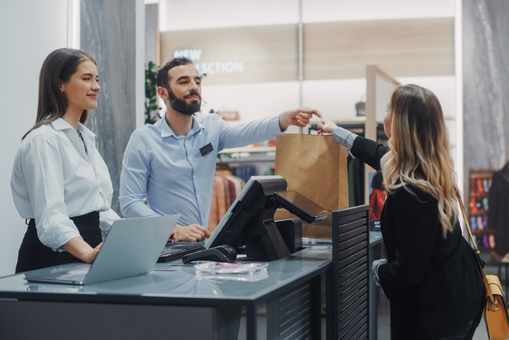 woman checking out apparel items 