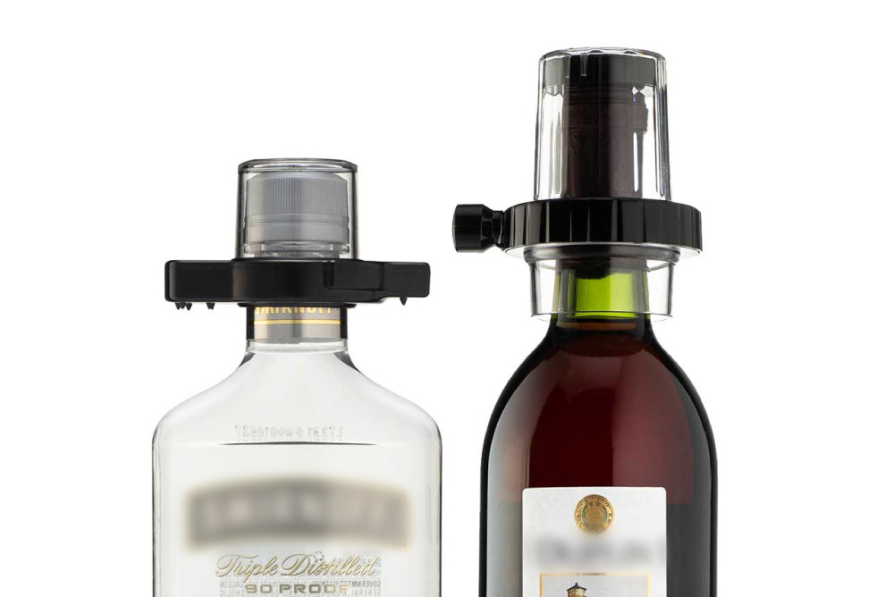 alcohol bottles with security devices attached